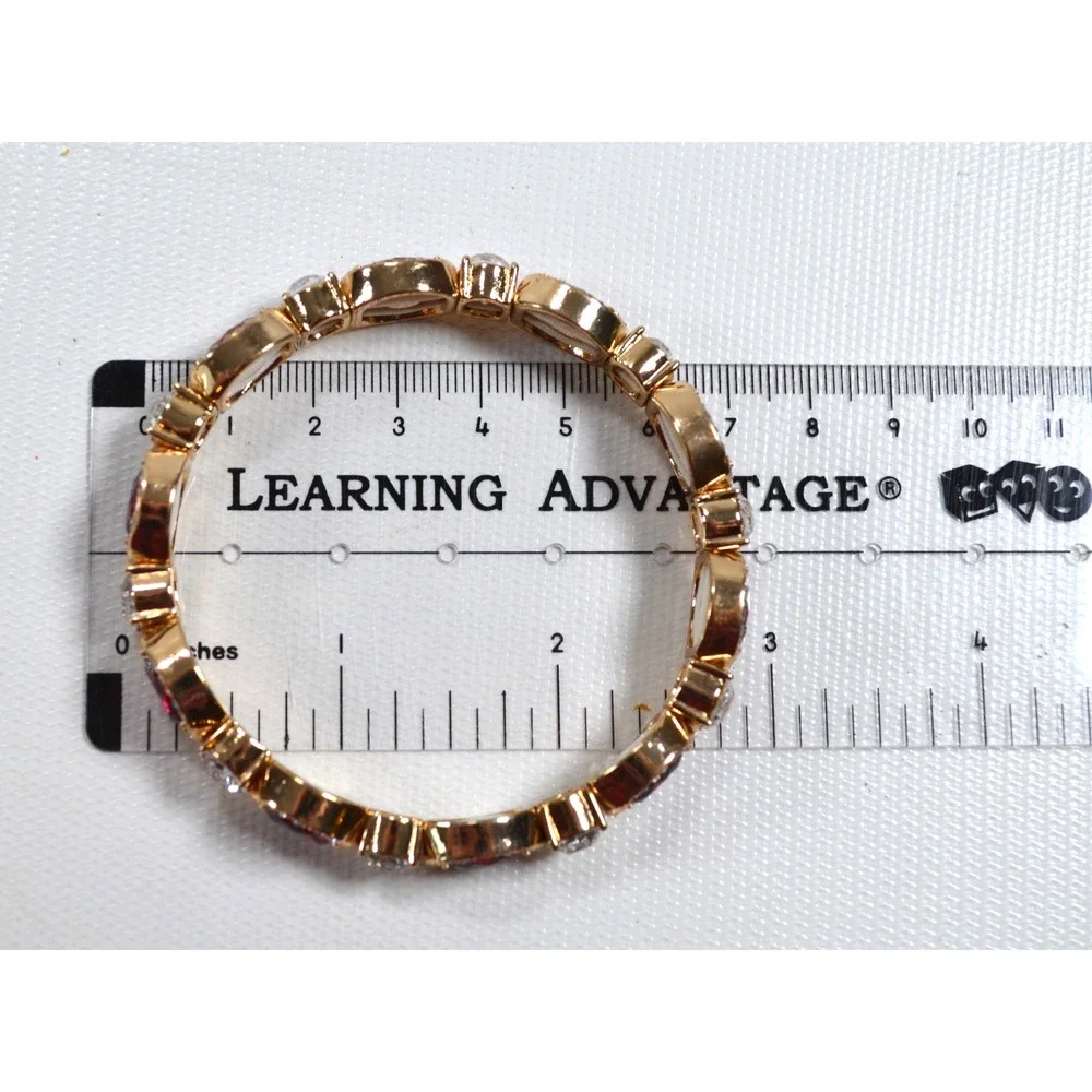 Gold Tone Stretch‎ Bracelet Red Faceted Setting Surrounded by Clear Rhinestones